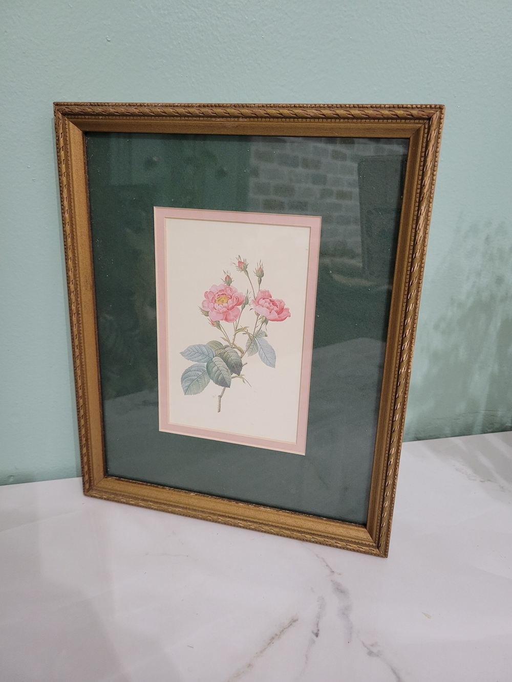 Framed Pink Rose Botanical Print with Gold Frame